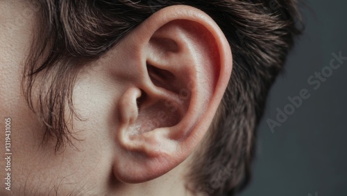 Human auricle, male, external ear, anatomy and structure, hearing impairment and evaluation, selective focus.