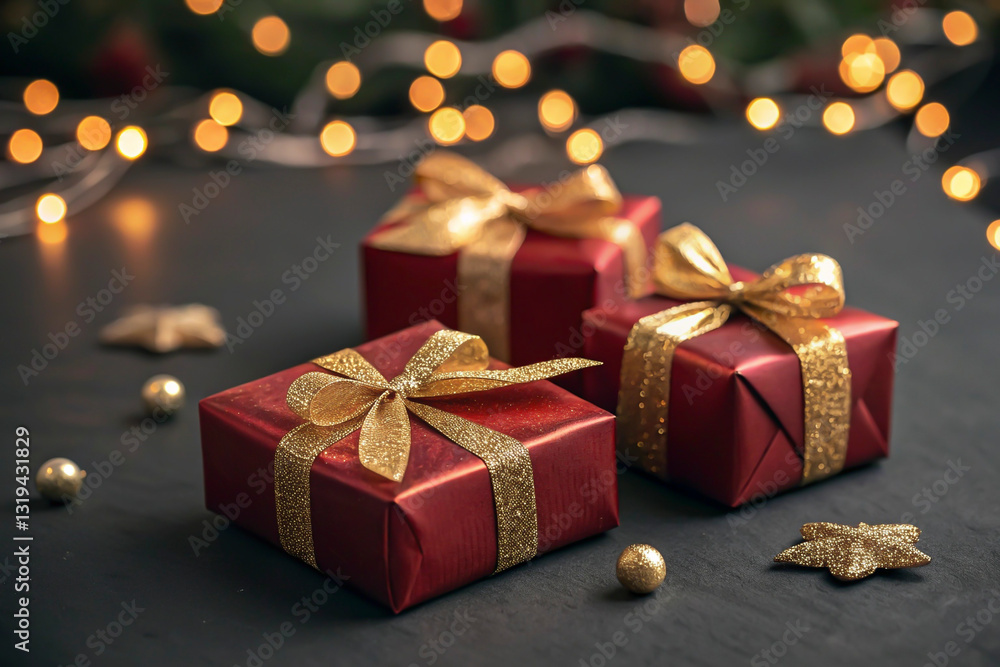 Luxurious and simple christmas gift with red bow and pine branch on black background, perfect for the holidays. Ideal for cards, banners, and more Luxurious and simple christmas gift with red bow and pine branch on black background, perfect for the holidays. Ideal for cards, banners, and more