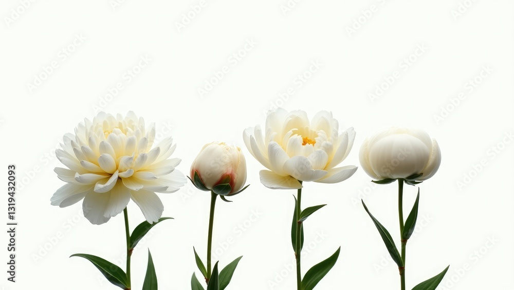 Naklejka premium Set of white peony flowers isolated on a background for a botanical collection. This collection is suitable for creating floral arrangements, cards, wedding invitations, designs, collages, and flor...