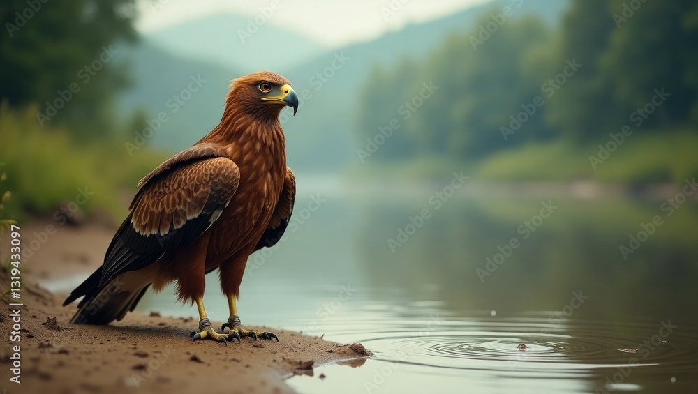 Obraz premium A breathtaking image of an eagle positioned next to a tranquil water body, the eagle's piercing stare and intricate feathers emphasized against a gentle background.