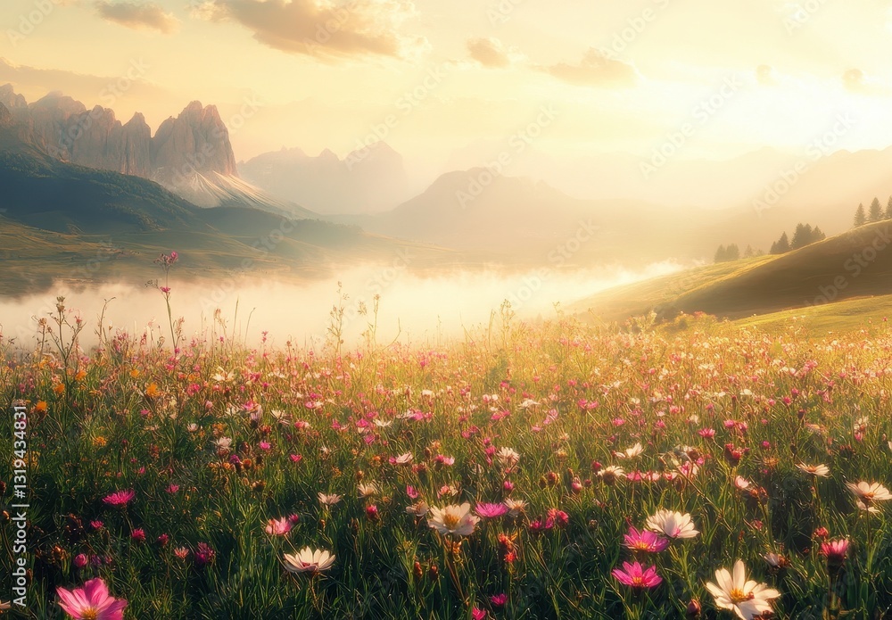 Obraz premium Majestic Sunrise Over Blooming Meadow With Colorful Wildflowers and a Serene Mountain Landscape in Background Under Golden Sky