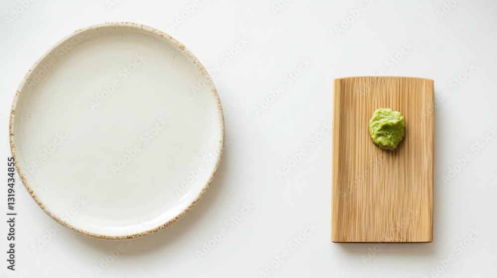 Wasabi paste on wooden board, empty plate, food presentation Wasabi paste on wooden board, empty plate, food presentation