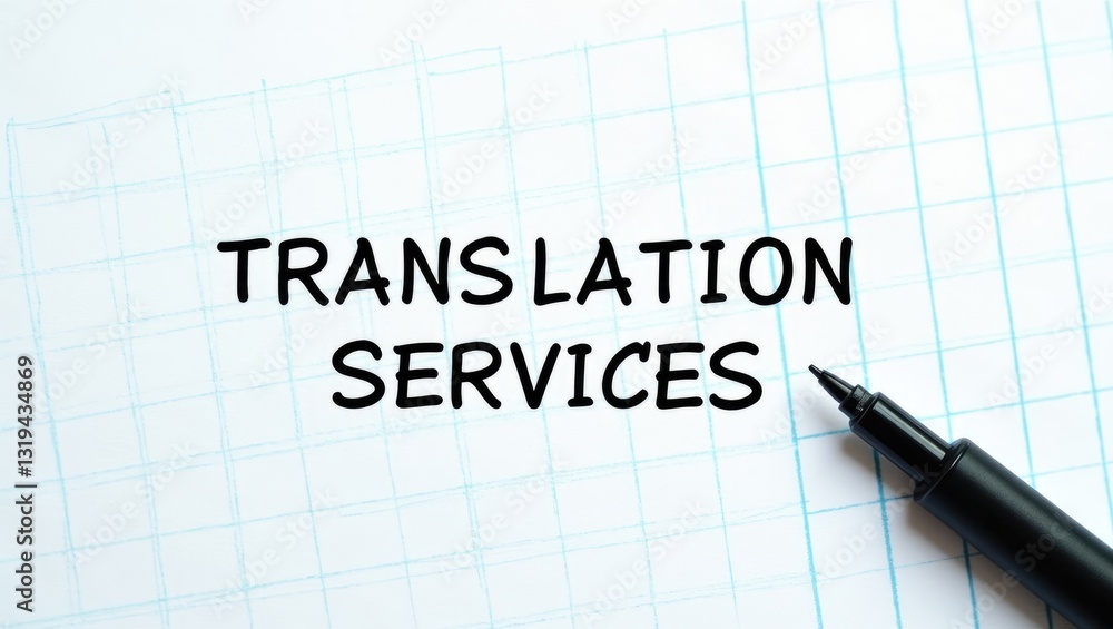 Translation services provide a method for communication across various languages. A black marker rests on a sheet of paper displaying the word in cursive. The marker is black and features a black cap. Translation services provide a method for communication across various languages. A black marker rests on a sheet of paper displaying the word in cursive. The marker is black and features a black cap.