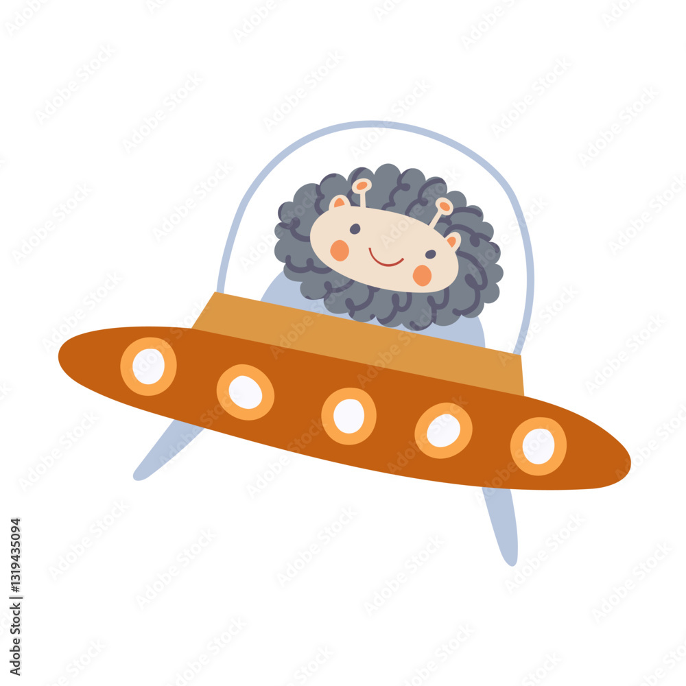 Cute alien traveling in space in an intergalactic ship. Children's space adventure. Vector hand drawn illustration. Cute alien traveling in space in an intergalactic ship. Children's space adventure. Vector hand drawn illustration.