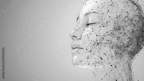 Artificial intelligence: plexus connecting dots forming human face closing eyes