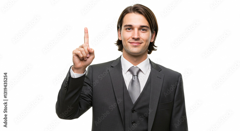 Smiling Young Businessman in Suit Pointing Up an Idea Smiling Young Businessman in Suit Pointing Up an Idea