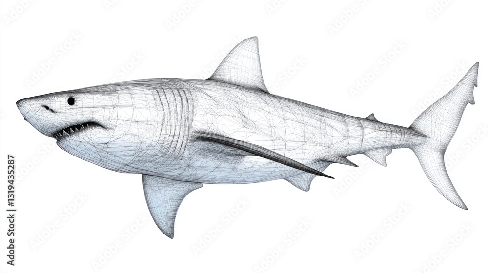 Fototapeta premium 3D Model of Great White Shark, Isolated, Wireframe, Ocean Creature