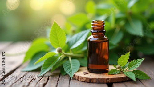 Lemon Verbena essential oil along with leaves on a wooden surface. photo