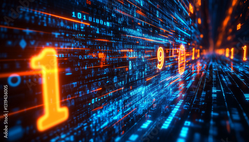 stream of data and binary code and prominent numbers 1 and 9 glowing yellow - fiber optics background with lots light spots