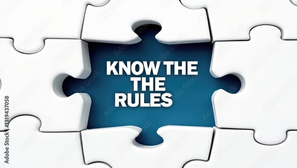 Symbol of know the rules. Conceptual words on a white puzzle. Stunning deep blue backdrop. Business and concept. Space for text. Symbol of know the rules. Conceptual words on a white puzzle. Stunning deep blue backdrop. Business and concept. Space for text.