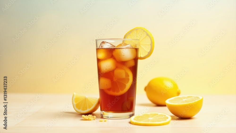 Iced tea with lemon and ice served in a tall glass against a background. The idea of a refreshing drink or lemonade for a hot day. Frontal view and space for text. Iced tea with lemon and ice served in a tall glass against a background. The idea of a refreshing drink or lemonade for a hot day. Frontal view and space for text.