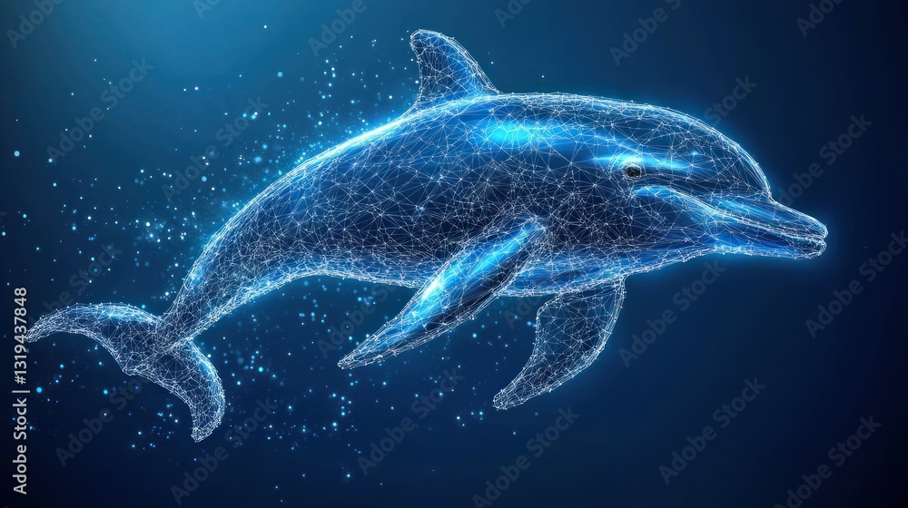 Fototapeta premium Abstract Dolphin in Deep Ocean, Digital Art, Background Particles