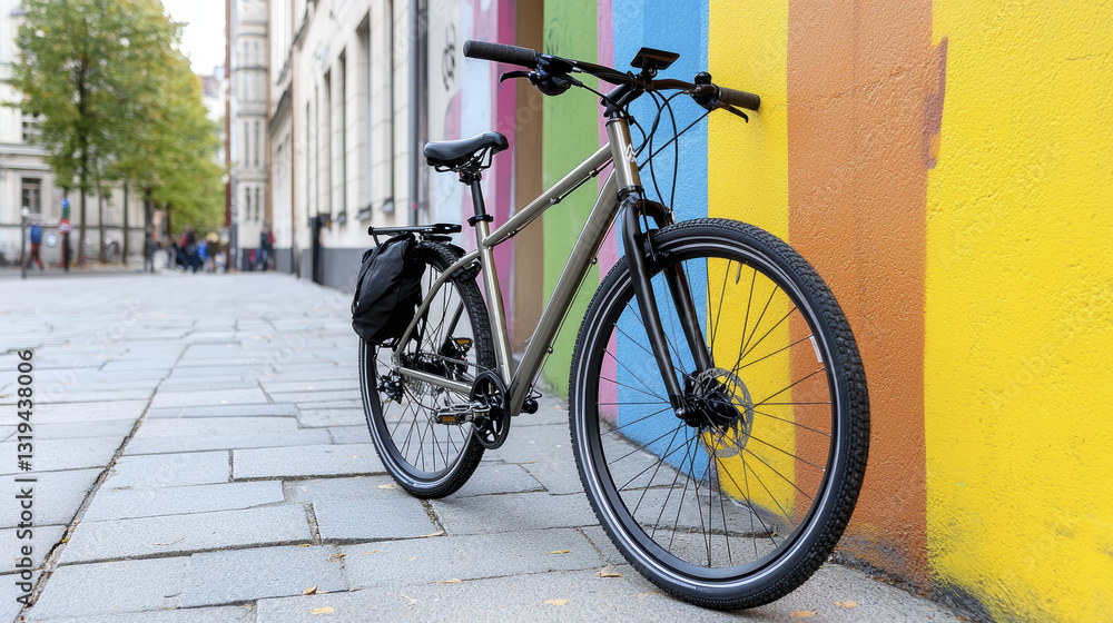 stylish mountain bike parked against colorful wall in urban setting