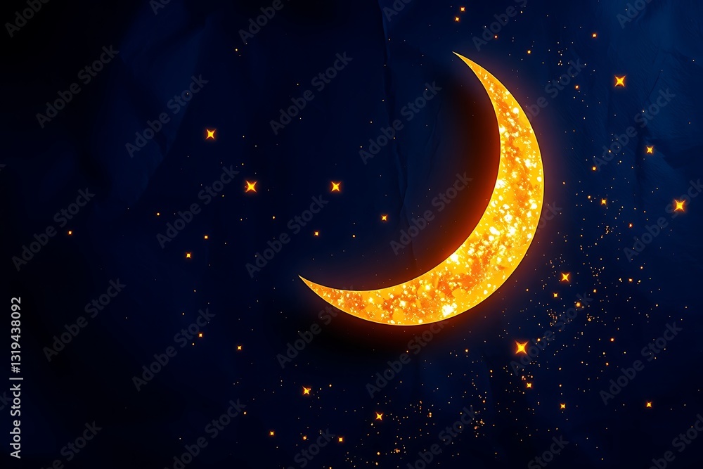 Naklejka premium Abstract Ramadan or Eid crescent moon and glowing stars and midnight blue background with copy space