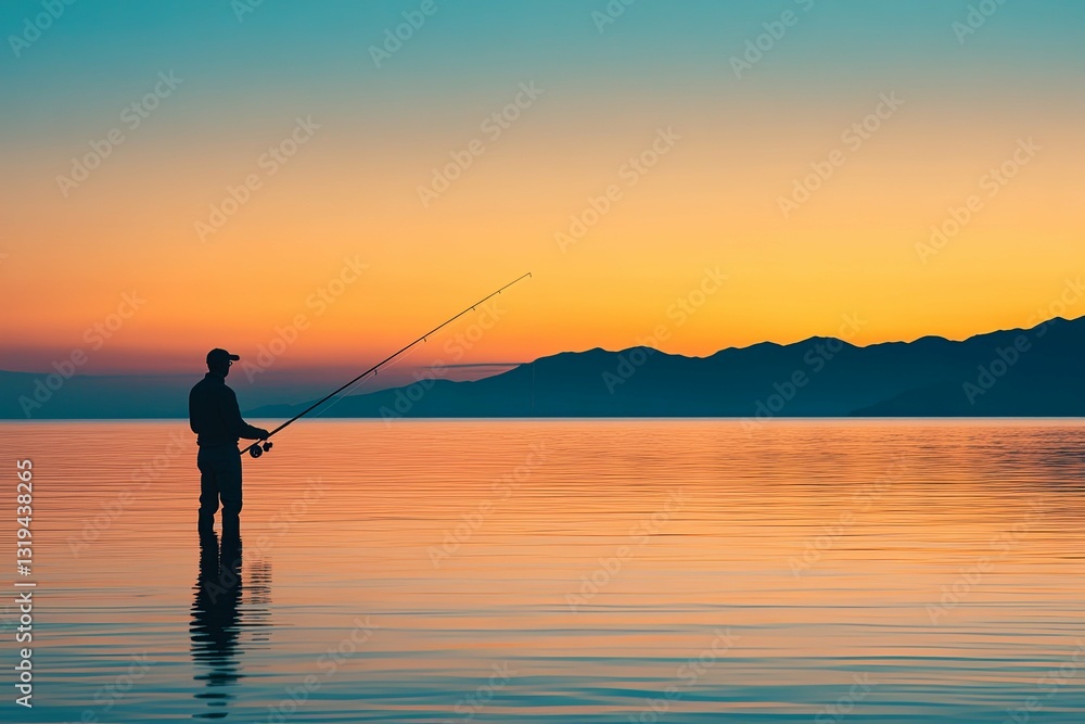 A Man Fishing in Calm Water During a Colorful Sunset A Man Fishing in Calm Water During a Colorful Sunset