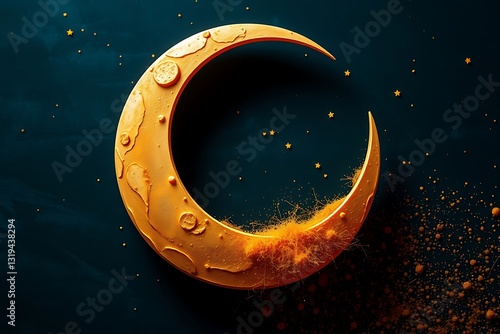 Abstract Ramadan or Eid crescent moon and glowing stars and midnight blue background with copy space