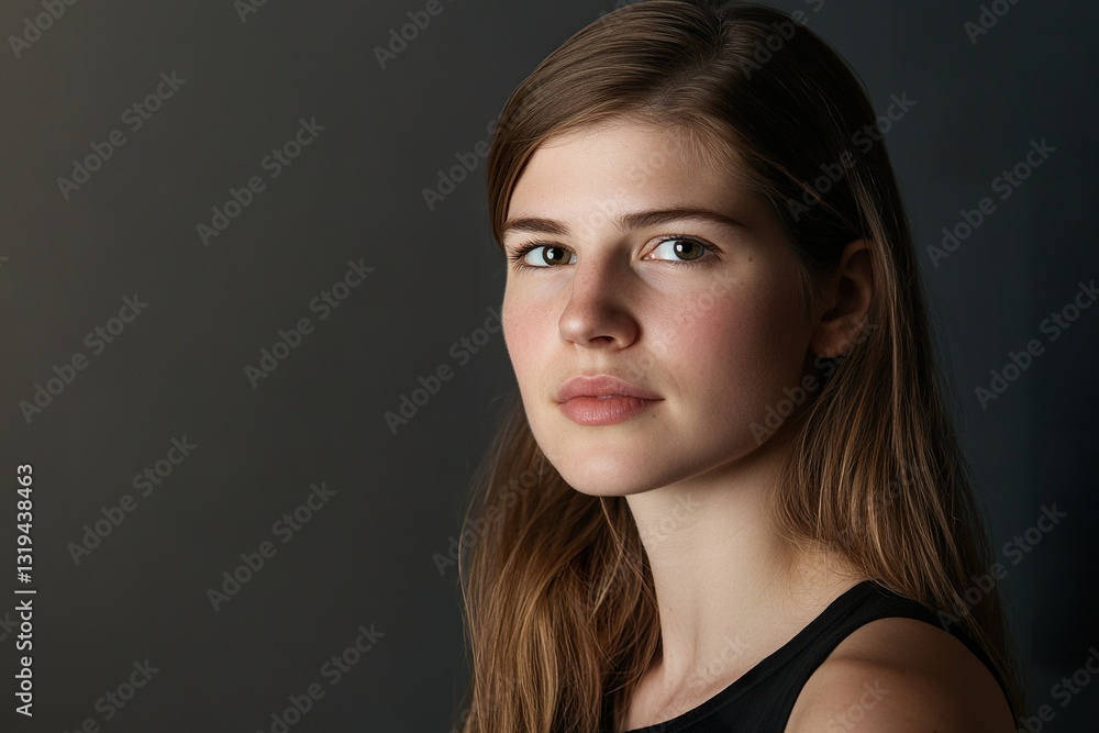 Naklejka premium A woman with long brown hair is standing in front of a dark background