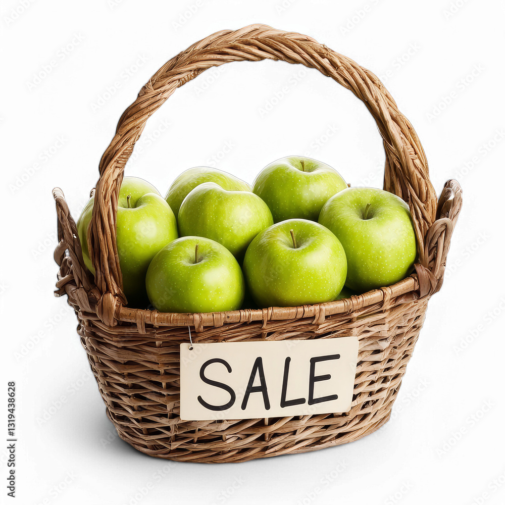 Wicker Basket of Fresh Green Apples for Sale Isolated on Transparent Background for Grocery and Farm Market Promotions Wicker Basket of Fresh Green Apples for Sale Isolated on Transparent Background for Grocery and Farm Market Promotions