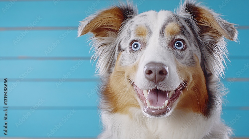 Fototapeta premium joyful australian shepherd dog with blue background