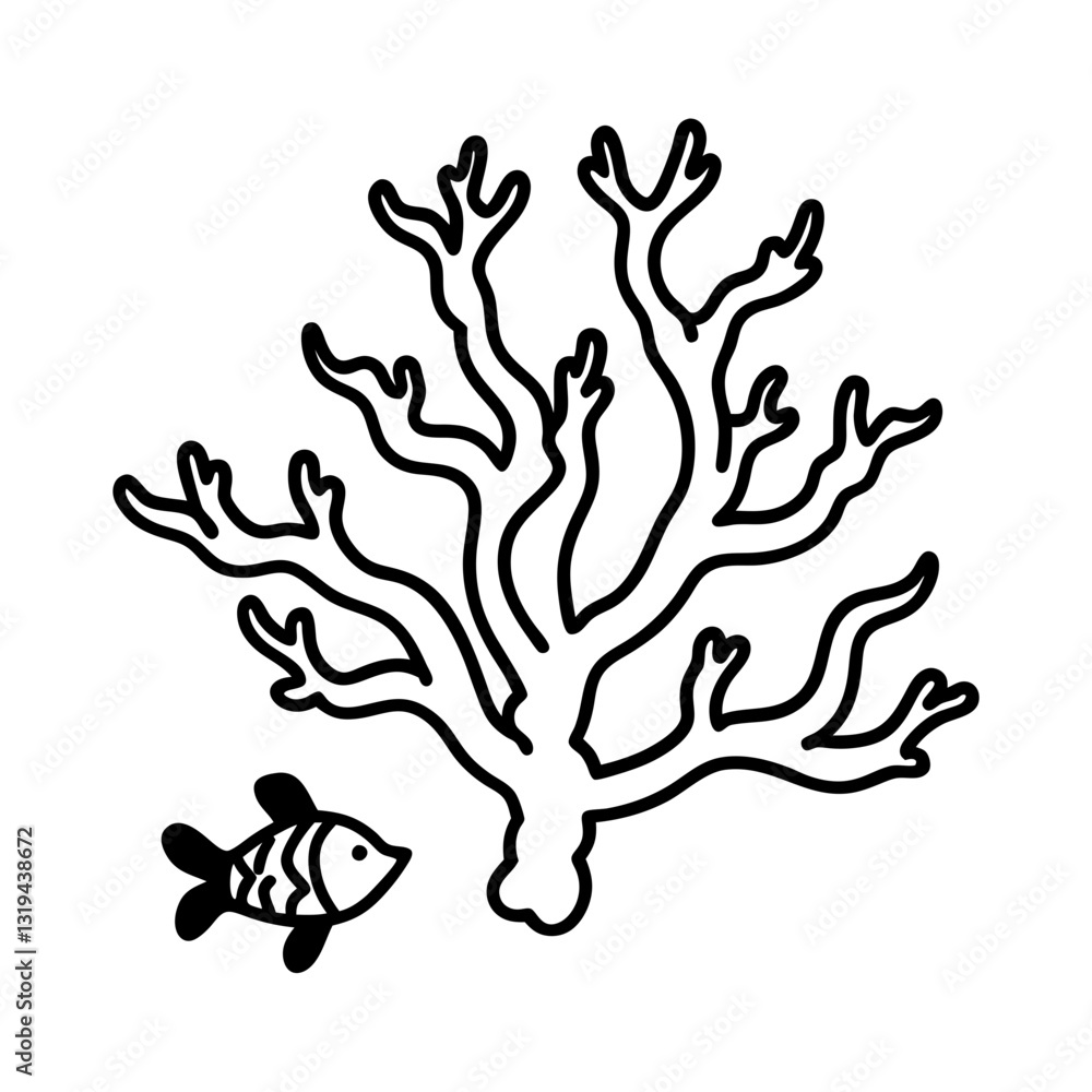 Coral reef with small fish line art illustration Coral reef with small fish line art illustration