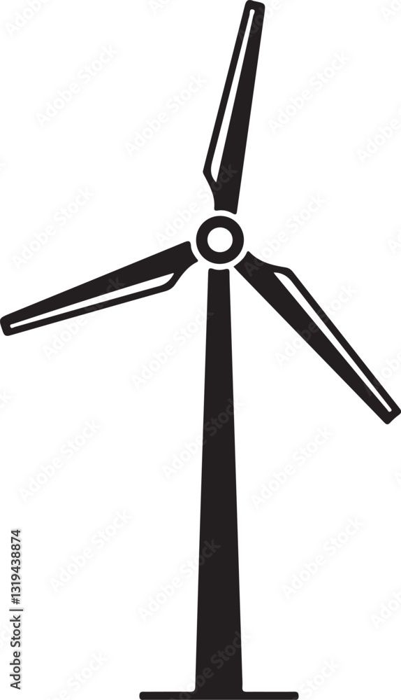 Clean Black Vector of Wind Turbine with Three Blades, Symbolizing Wind Energy