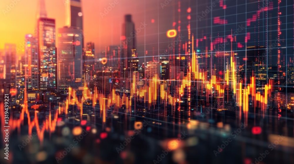 Skyline view overlaid with data graph. Bokeh lights at dusk. Financial analysis over cityscape Skyline view overlaid with data graph. Bokeh lights at dusk. Financial analysis over cityscape