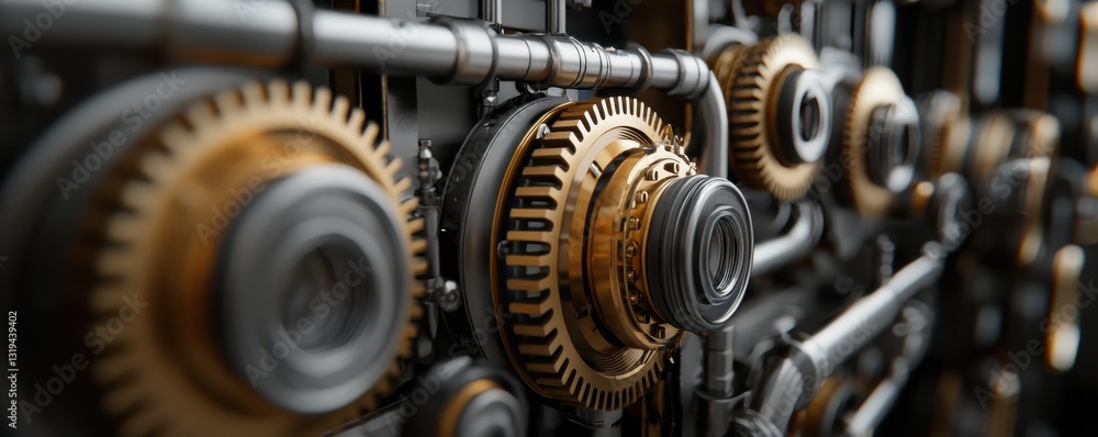 A close-up view of intricate gears and machinery, showcasing a blend of silver and gold tones, highlighting industrial design. A close-up view of intricate gears and machinery, showcasing a blend of silver and gold tones, highlighting industrial design.