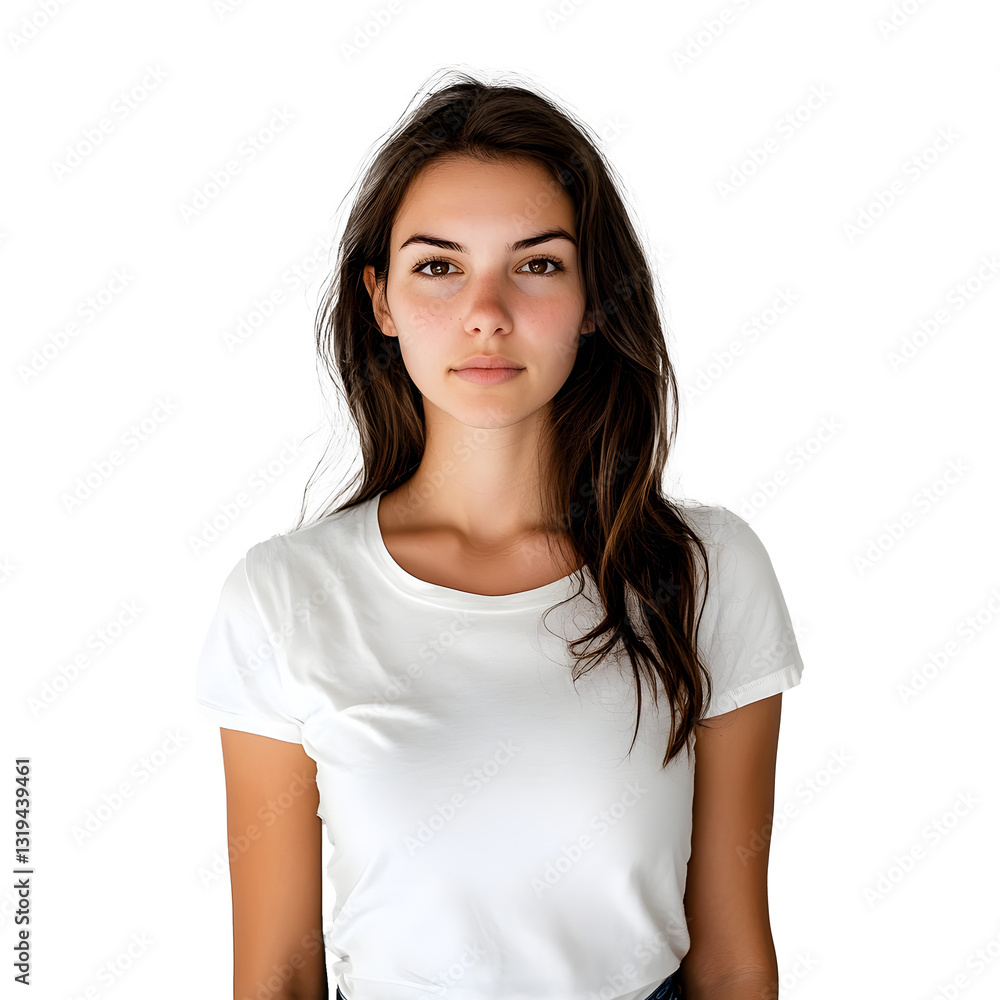 Confident young woman stands on a white background and looks directly into the camera / PNG Confident young woman stands on a white background and looks directly into the camera / PNG
