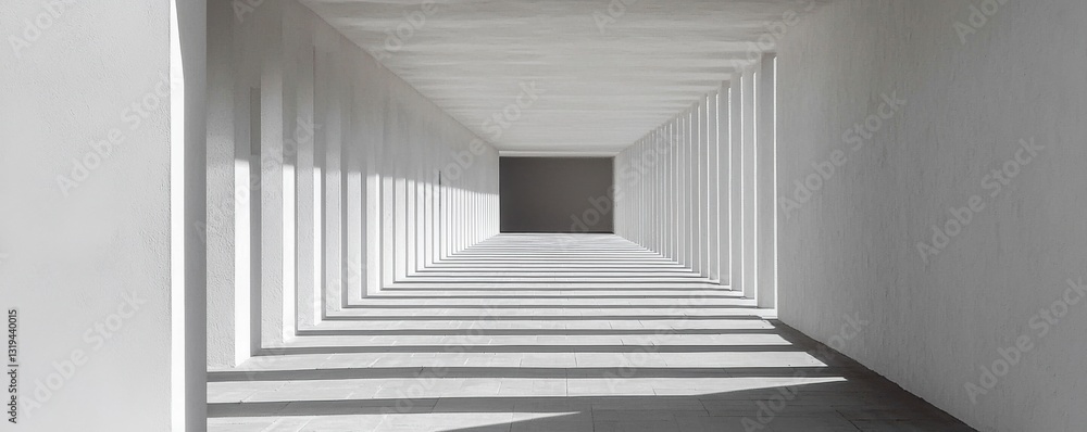 Fototapeta premium A minimalist corridor with geometric lines and shadows, creating a sense of depth and tranquility.
