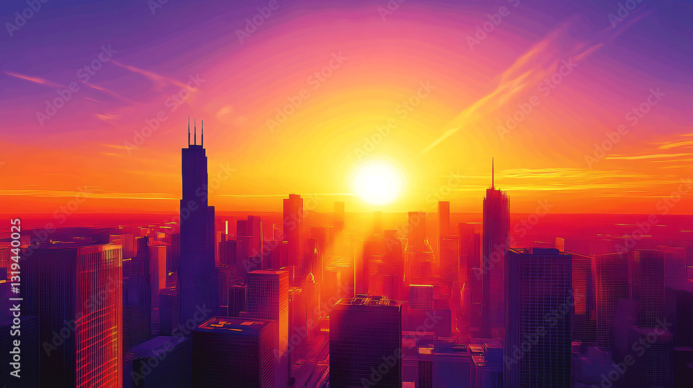 Fototapeta premium A vibrant city skyline at sunset, featuring skyscrapers silhouetted against a colorful sky with hues of orange, purple, and blue.