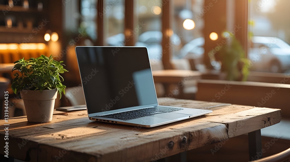 Modern Laptop on Rustic Wooden Table with Potted Plant