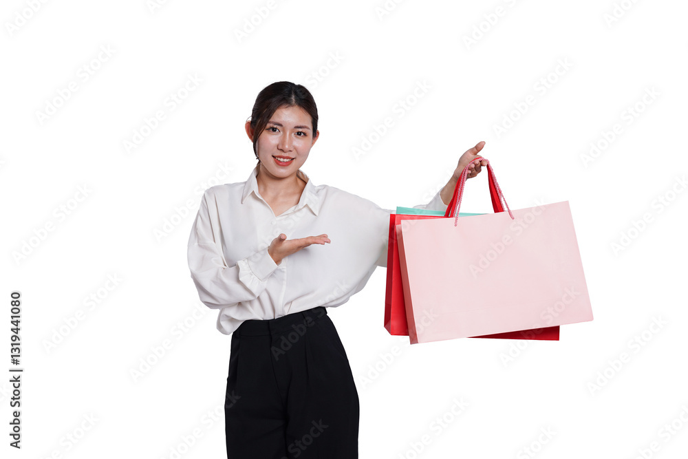Portrait of young smiling asian woman casual clothes holding multicolored shopping bags on white background Portrait of young smiling asian woman casual clothes holding multicolored shopping bags on white background