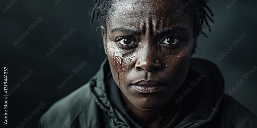 Obraz premium Solitary expression of resilience in a somber close-up portrait of an emotionally charged individual