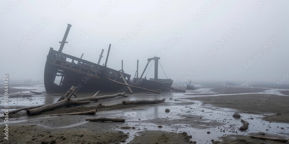 Fog shrouds decaying shipwreck, skeletal timbers half-buried in mud, ominous grey sky, landscape, atmospheric Fog shrouds decaying shipwreck, skeletal timbers half-buried in mud, ominous grey sky, landscape, atmospheric