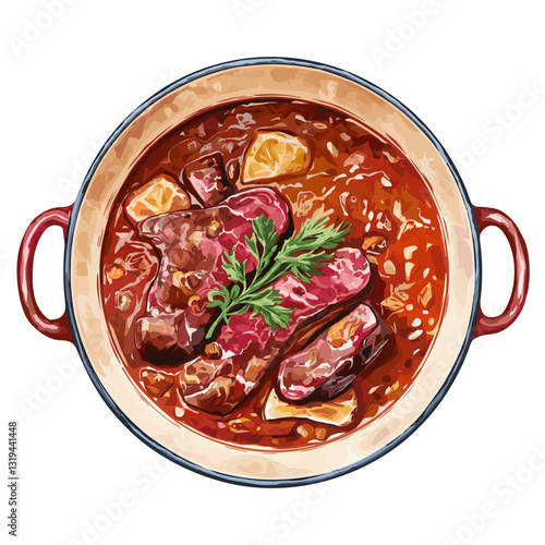 Watercolor Illustration of Beef Goulash with Vegetables