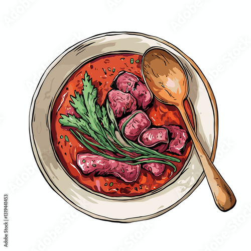 Watercolor Illustration of Beef Goulash with Vegetables