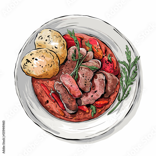 Watercolor Illustration of Beef Goulash with Vegetables