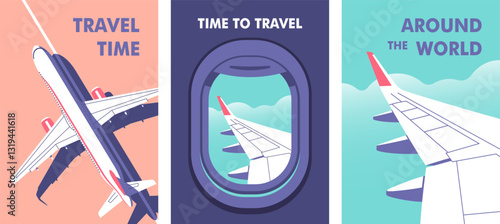 View through the porthole of aircraft. Passenger plane parked on the runway. Travel, journey concept. Perfect background on the theme of season vacation, weekend. Vector illustration.