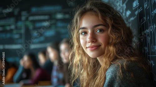 Wallpaper Mural Confident Young Woman Studying in a Classroom with Blackboard Background. math students Torontodigital.ca
