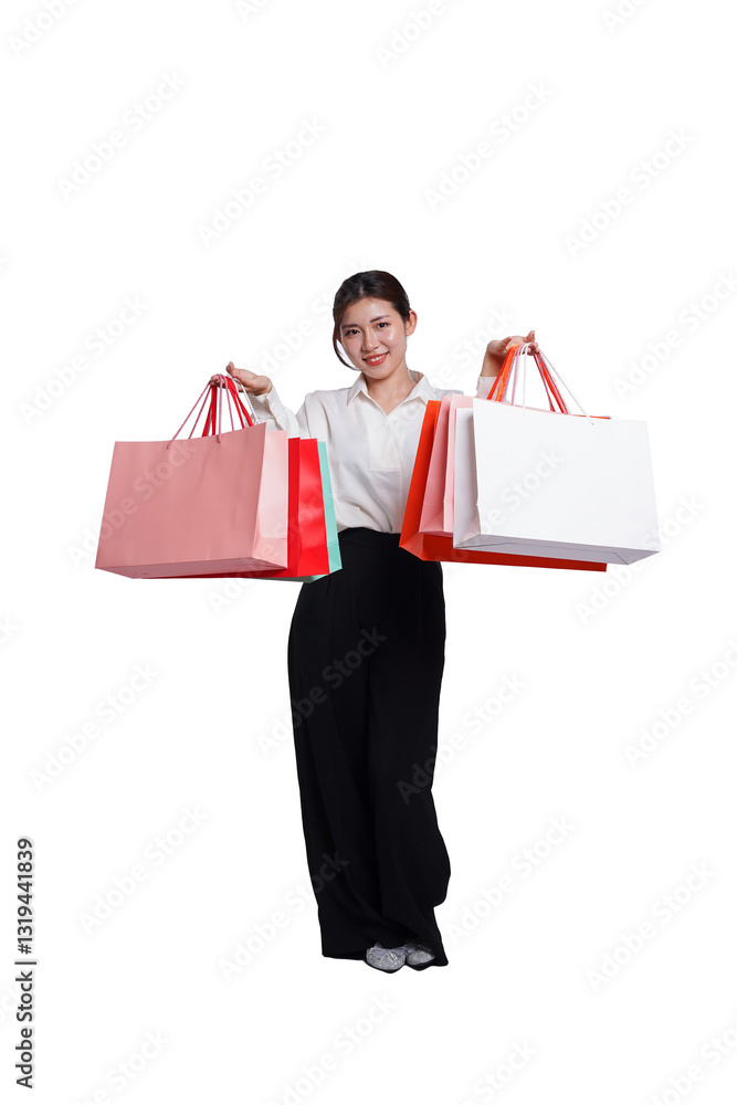 Portrait of young smiling asian woman casual clothes holding multicolored shopping bags on white background Portrait of young smiling asian woman casual clothes holding multicolored shopping bags on white background