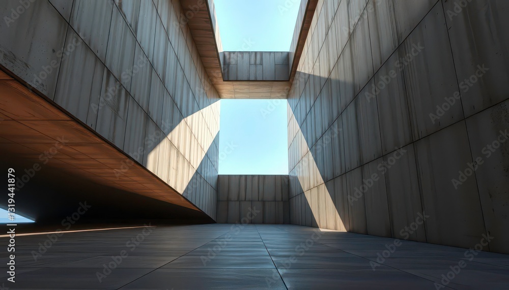 Obraz premium Geometric concrete structure, clean lines, stark shadows, rough, monochrome