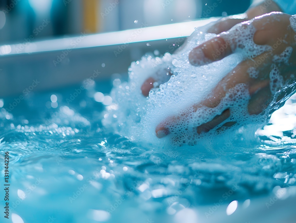 Fototapeta premium Clean Hands with Soap Bubbles in Blue Water Background