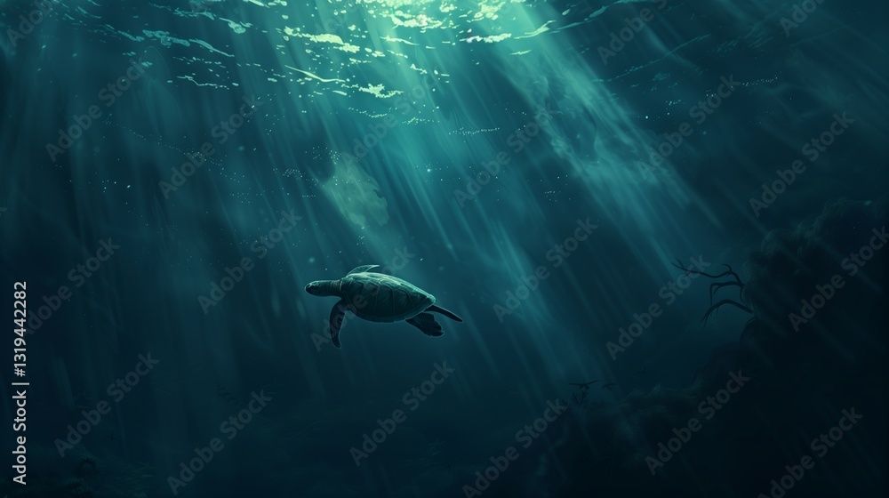 Fototapeta premium A sea turtle illuminated by rays of sunlight as it navigates beneath the waves