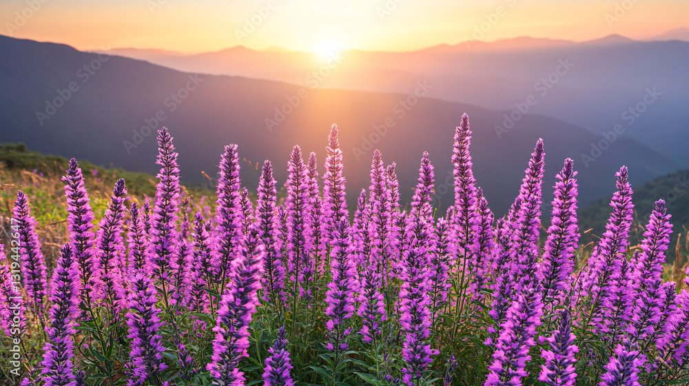 Naklejka premium A vibrant field of purple flowers blooms under a stunning sunrise, illuminating the mountains in the background with soft hues of orange and pink.
