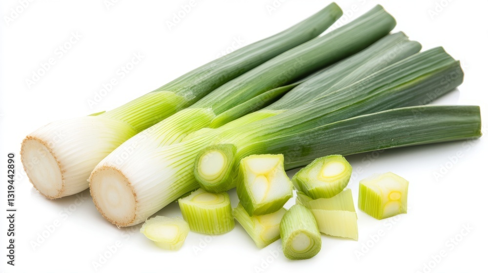 Fresh green leek slices isolated on white background, featuring crisp cut pieces of leeks showcasing vibrant color and texture, ideal for culinary designs, healthy eating concepts, organic food presen