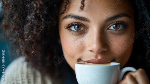 Wallpaper Mural Woman enjoying a warm cup of coffee, cozy atmosphere, soft light, tranquil moment, elegant white cup, inviting ambiance, relaxed setting Torontodigital.ca