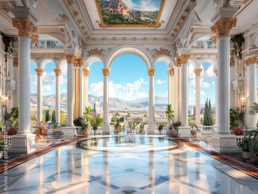 Fototapeta premium Luxurious Opulent Hall with Grand Columns and Scenic View