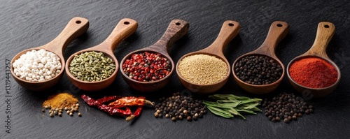 A vibrant display of various spices arranged in wooden spoons on a dark background, showcasing their colors and textures.