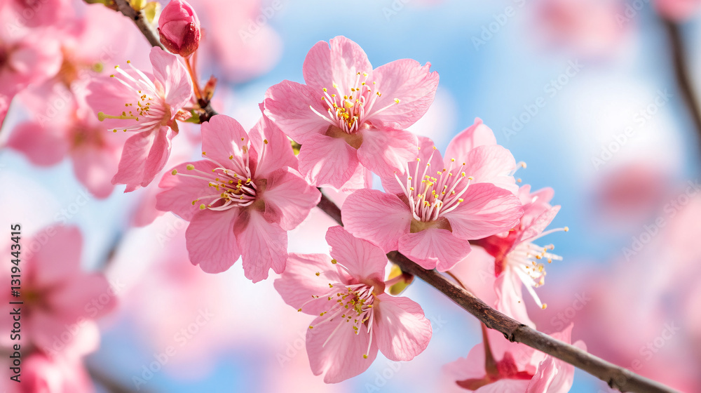 Obraz premium Delicate pink cherry blossoms bloom against a bright blue sky, symbolizing spring and renewal.