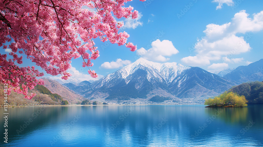 A serene landscape featuring cherry blossoms near a tranquil lake, surrounded by majestic mountains under a clear blue sky. A serene landscape featuring cherry blossoms near a tranquil lake, surrounded by majestic mountains under a clear blue sky.